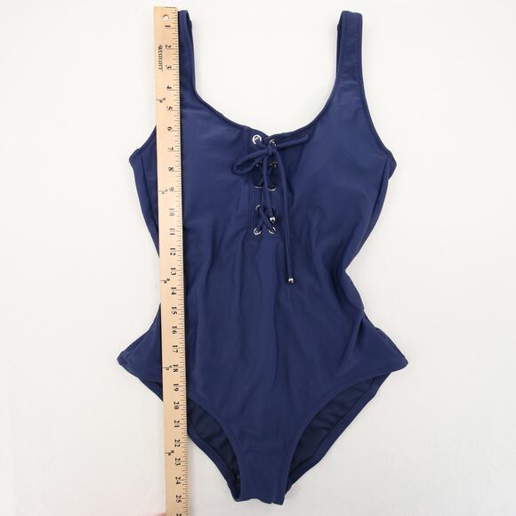 Mossimo One Piece Swimsuit Navy Blue Lace Up Front Scoop Neck Tank Straps S - Picture 6 of 13